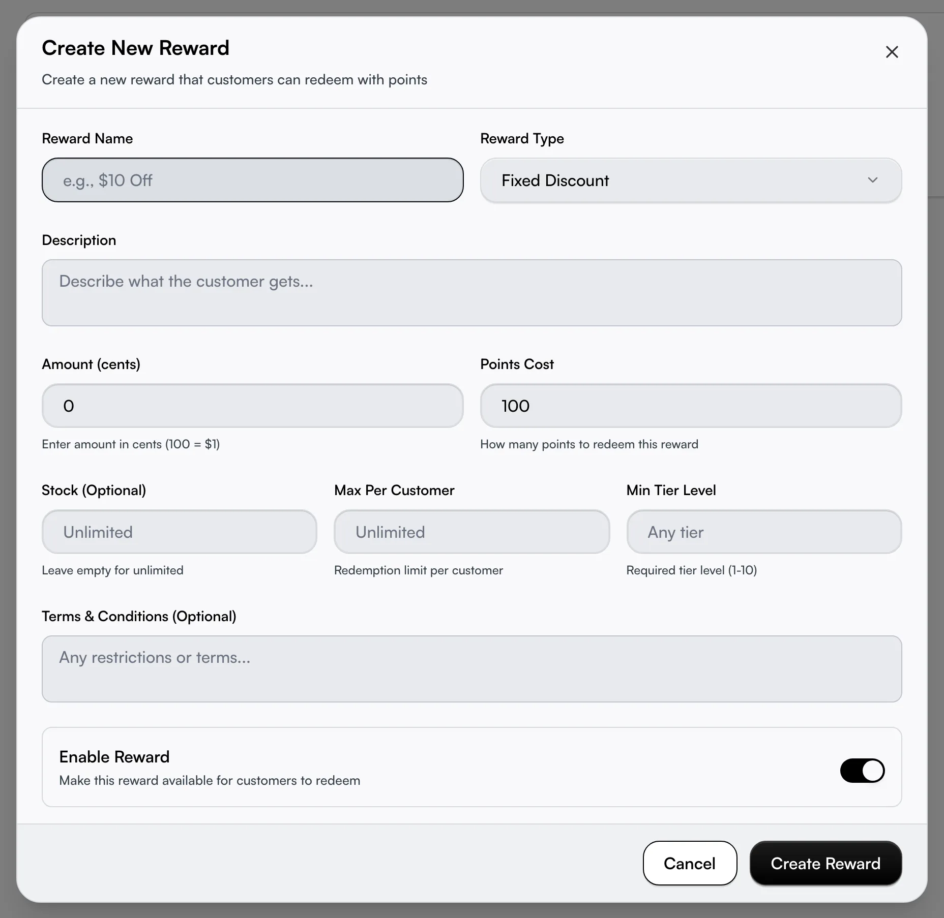 The reward editor showing Reward Name, Reward Type, the value field, and Points Cost