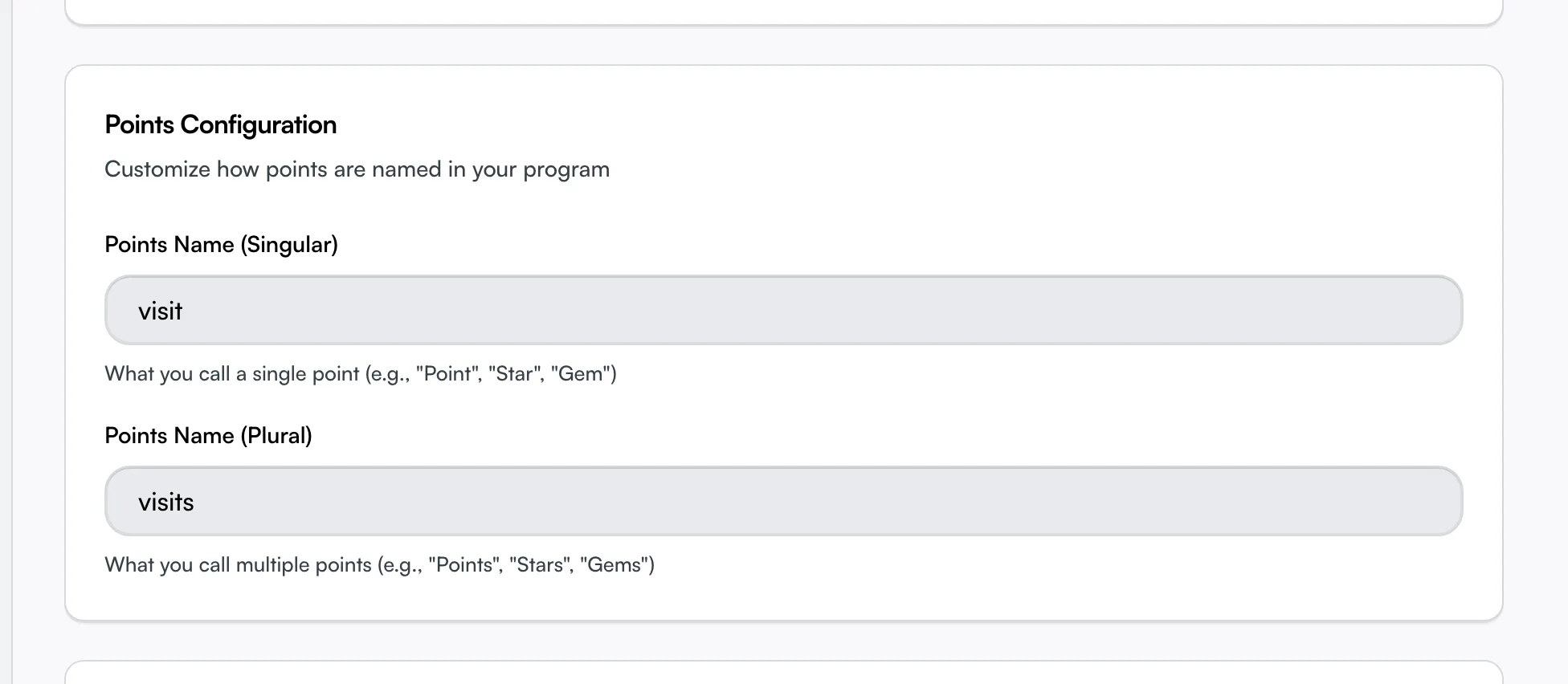 The Points Configuration card with singular and plural name fields