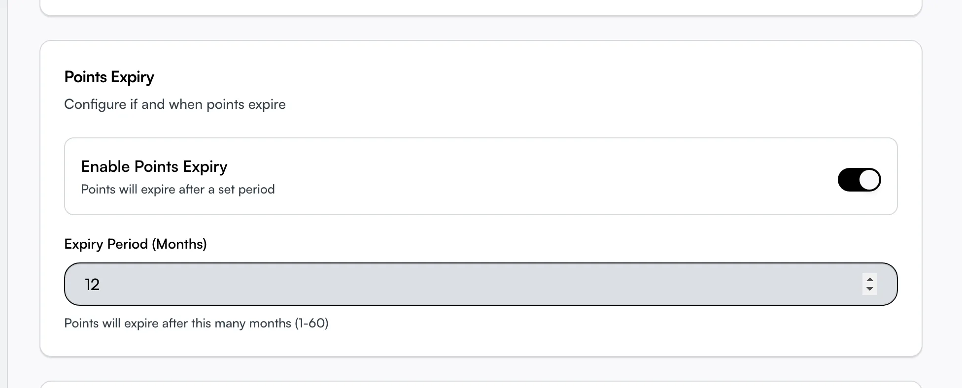 The Points Expiry card with the toggle and the months field