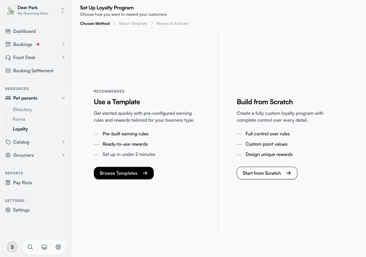 The Choose Method step — Use a Template or Build from Scratch