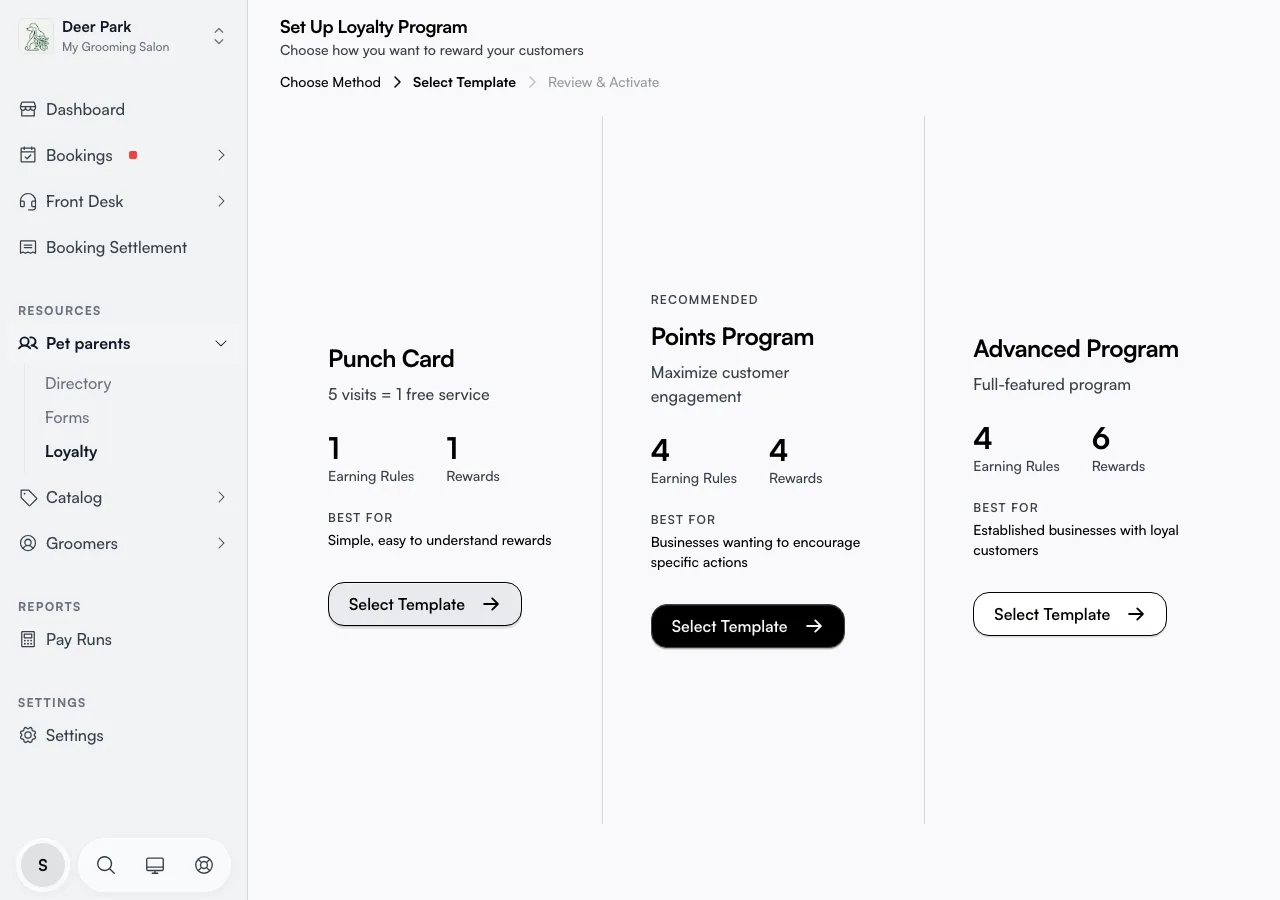 The three template cards — Punch Card, Points Program, Advanced Program
