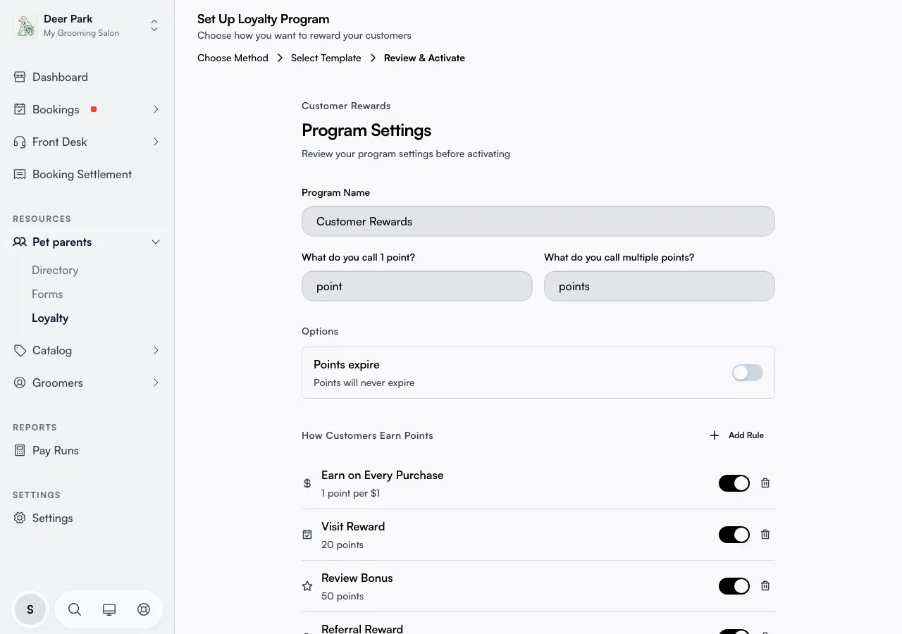 The Review and Activate step with program name, points wording, and rules