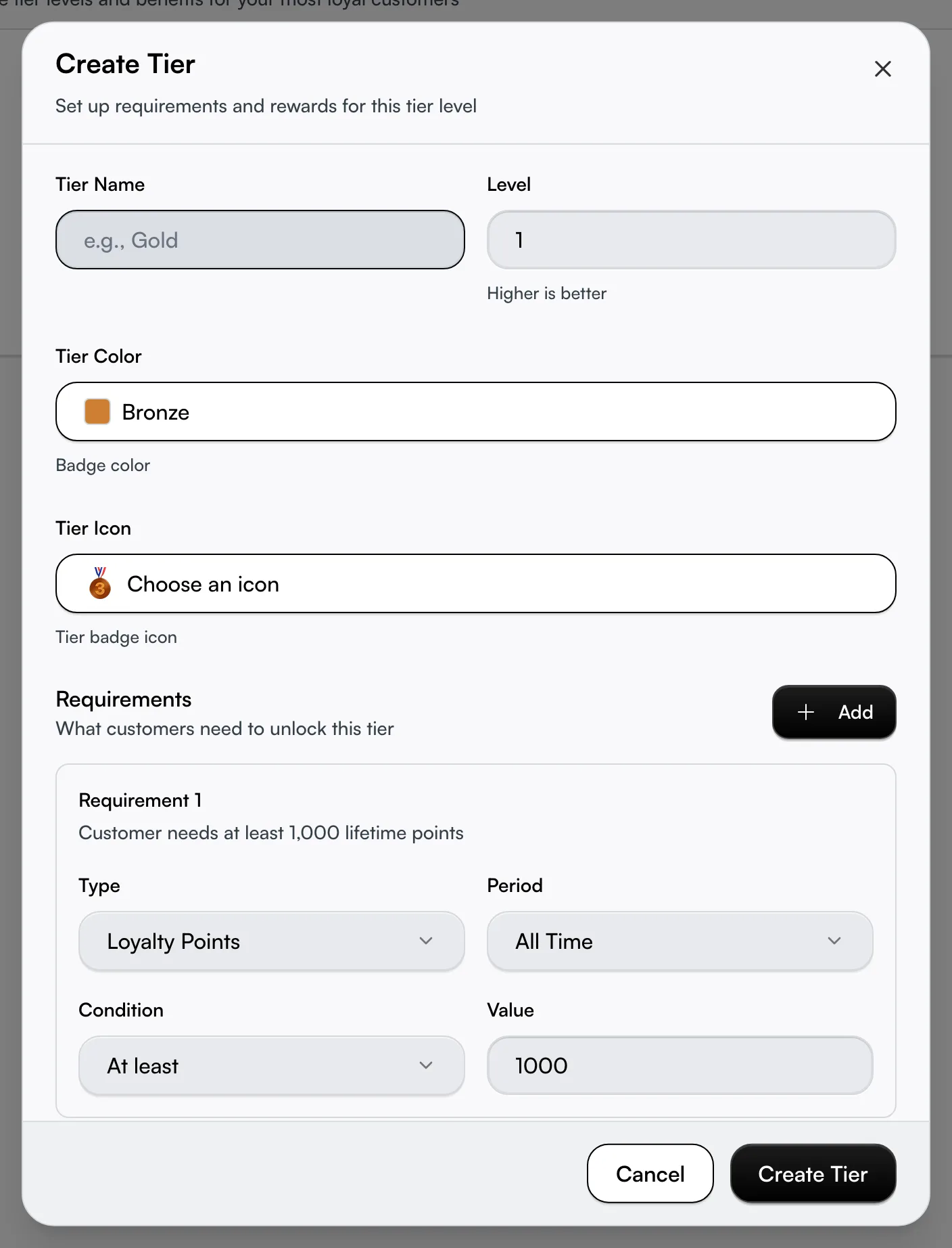 The Create Tier dialog with name, level, colour swatches, and icon picker