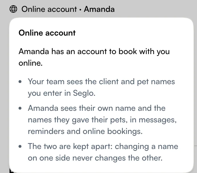 Online account · Amanda with its explanation open: your team sees the names you enter, the client sees their own