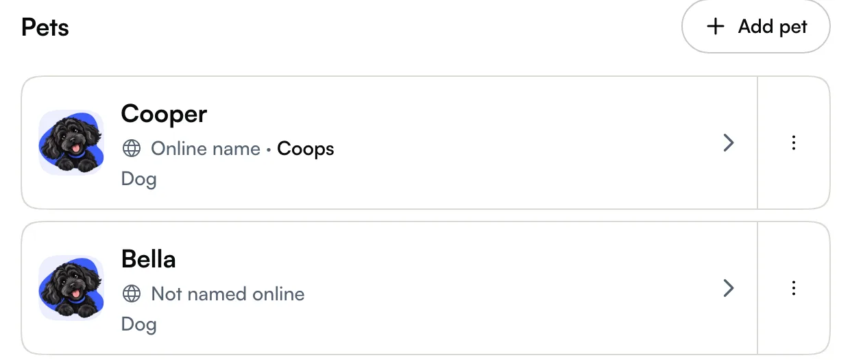 Two pets on a client profile: Cooper with Online name · Coops, and Bella marked Not named online