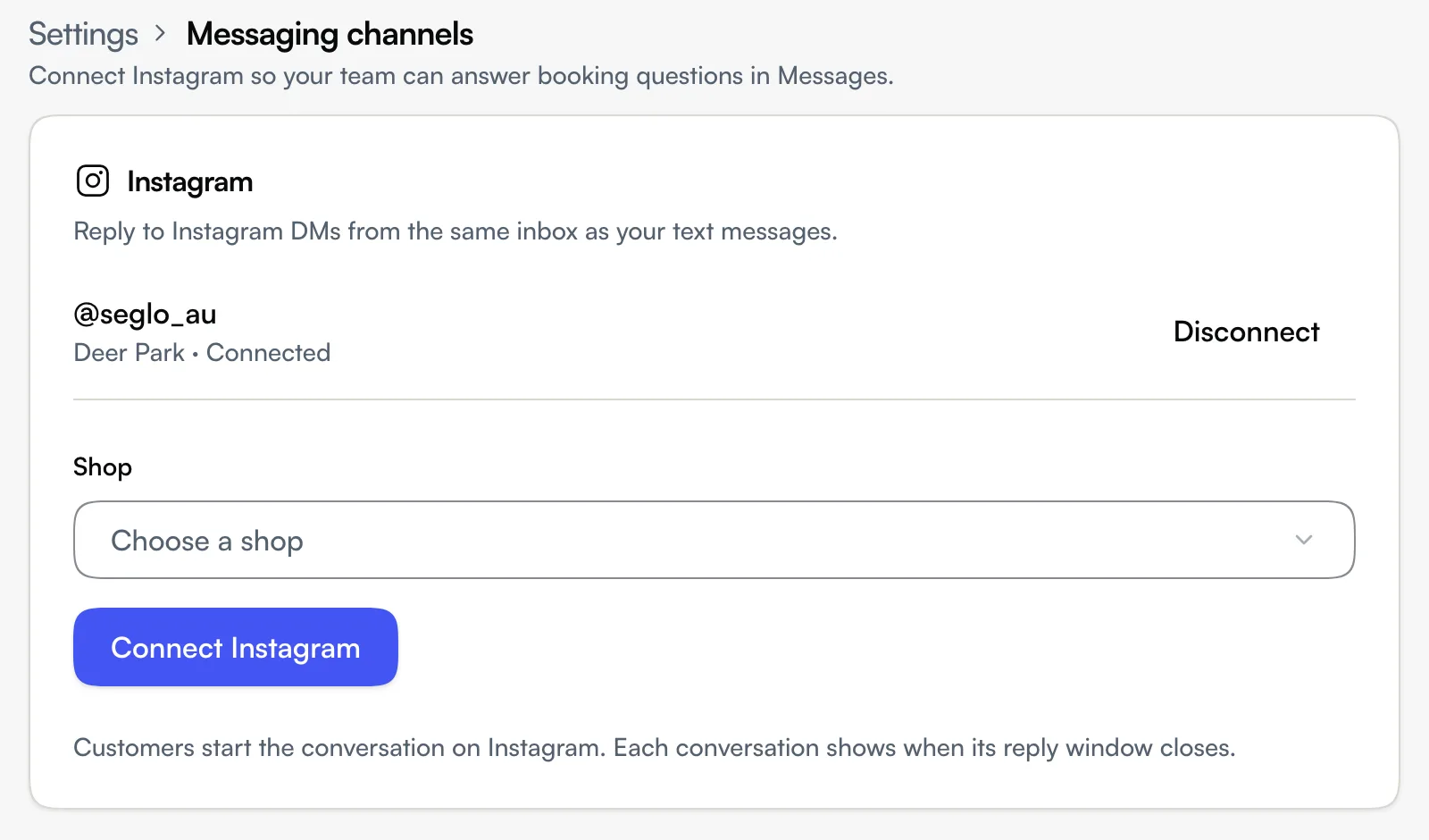 Settings → Messaging channels with a connected Instagram account, the Shop picker and Connect Instagram