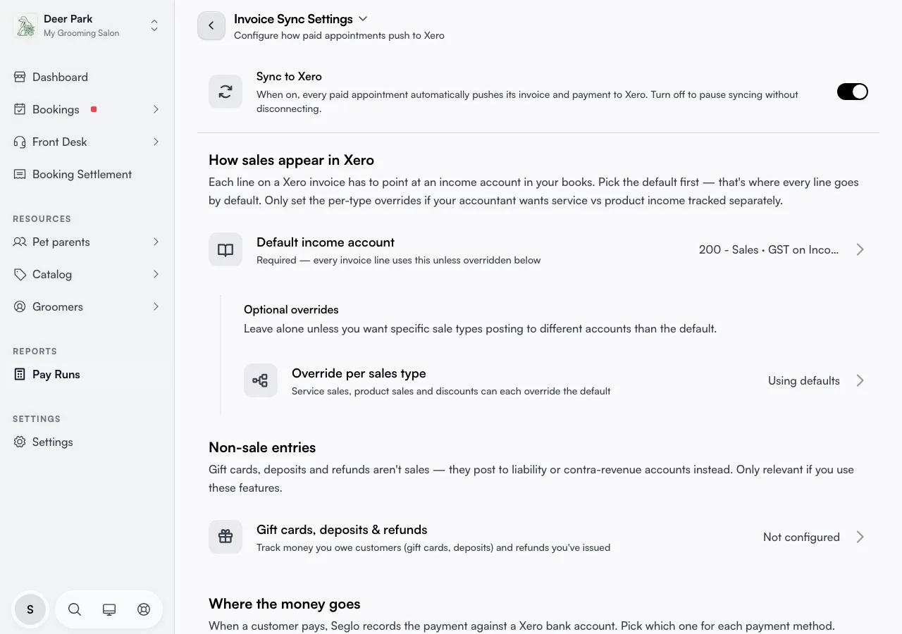 The Invoice Sync Settings page with the Sync to Xero toggle on