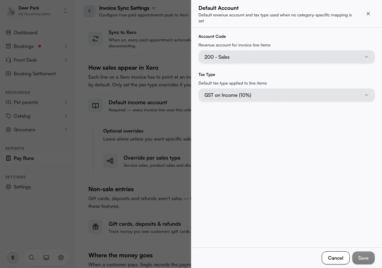 The Default Account drawer with an account and tax type selected