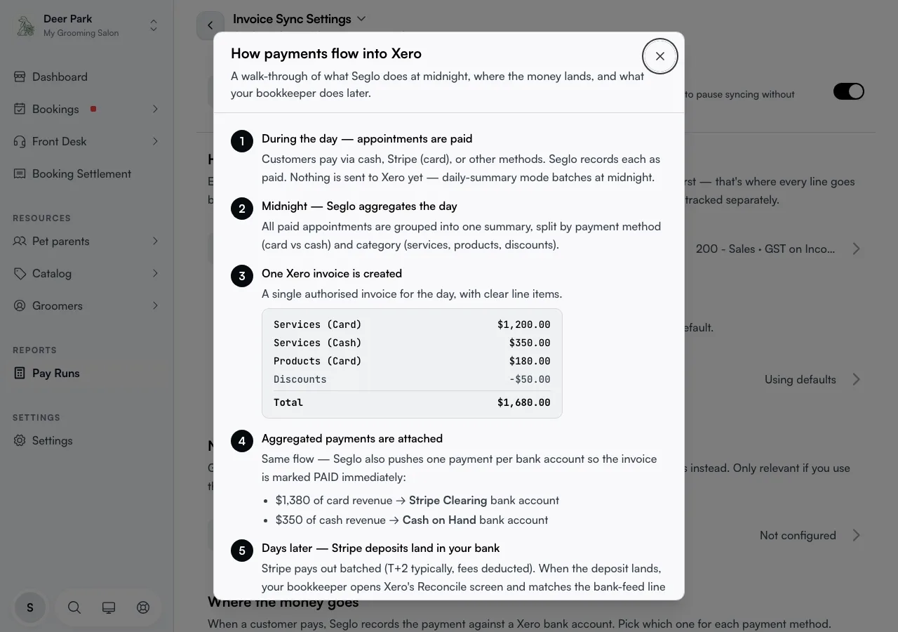 The "How payments flow into Xero" walkthrough opened from the page title