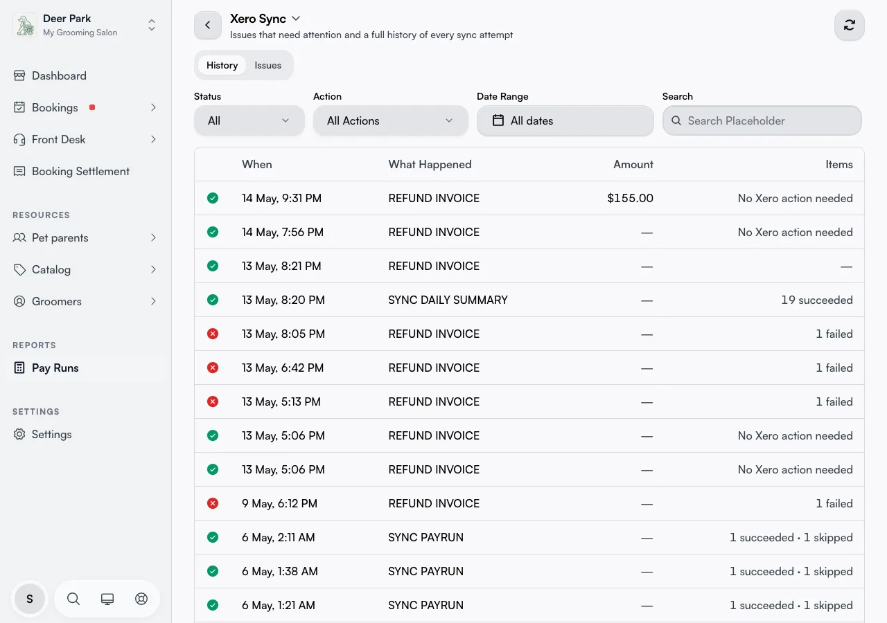 The Xero Sync page showing the History and Issues tabs