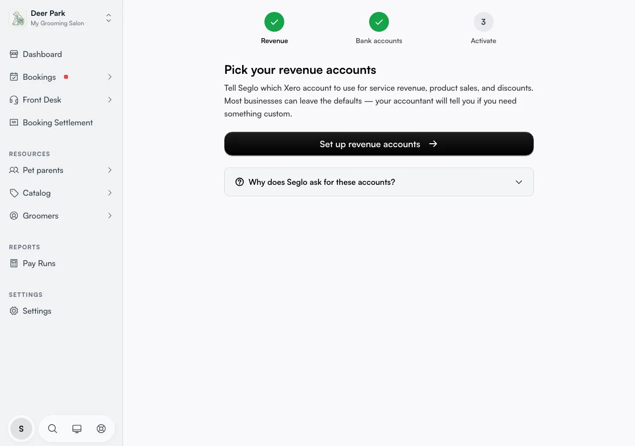 The Xero setup wizard on the Revenue accounts step