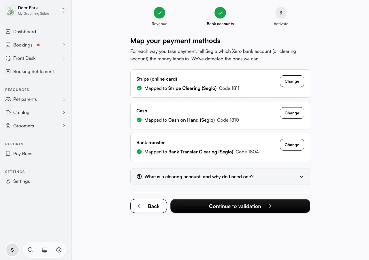 The wizard's Bank accounts step, mapping payment methods to Xero accounts