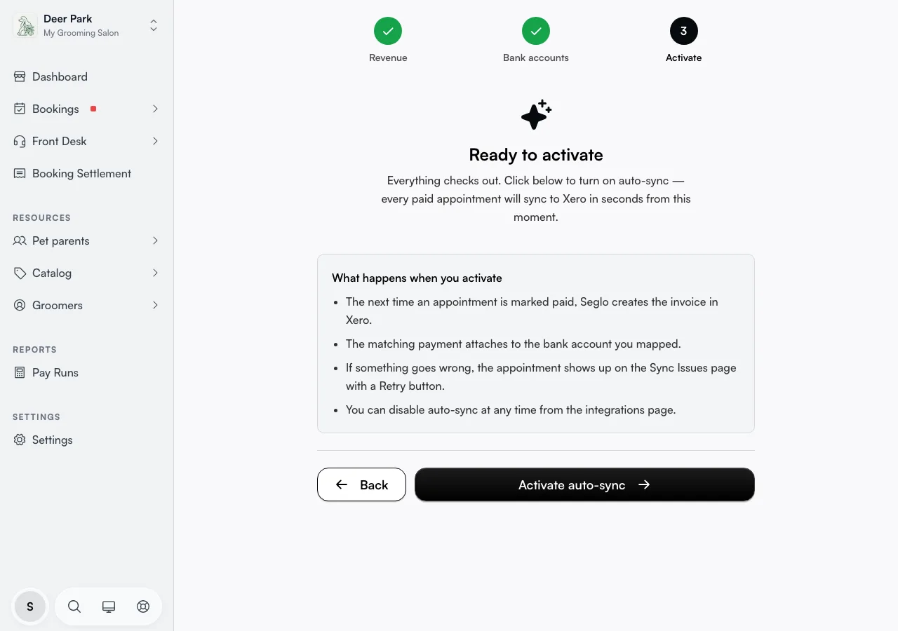 The Activate step, ready to turn on auto-sync