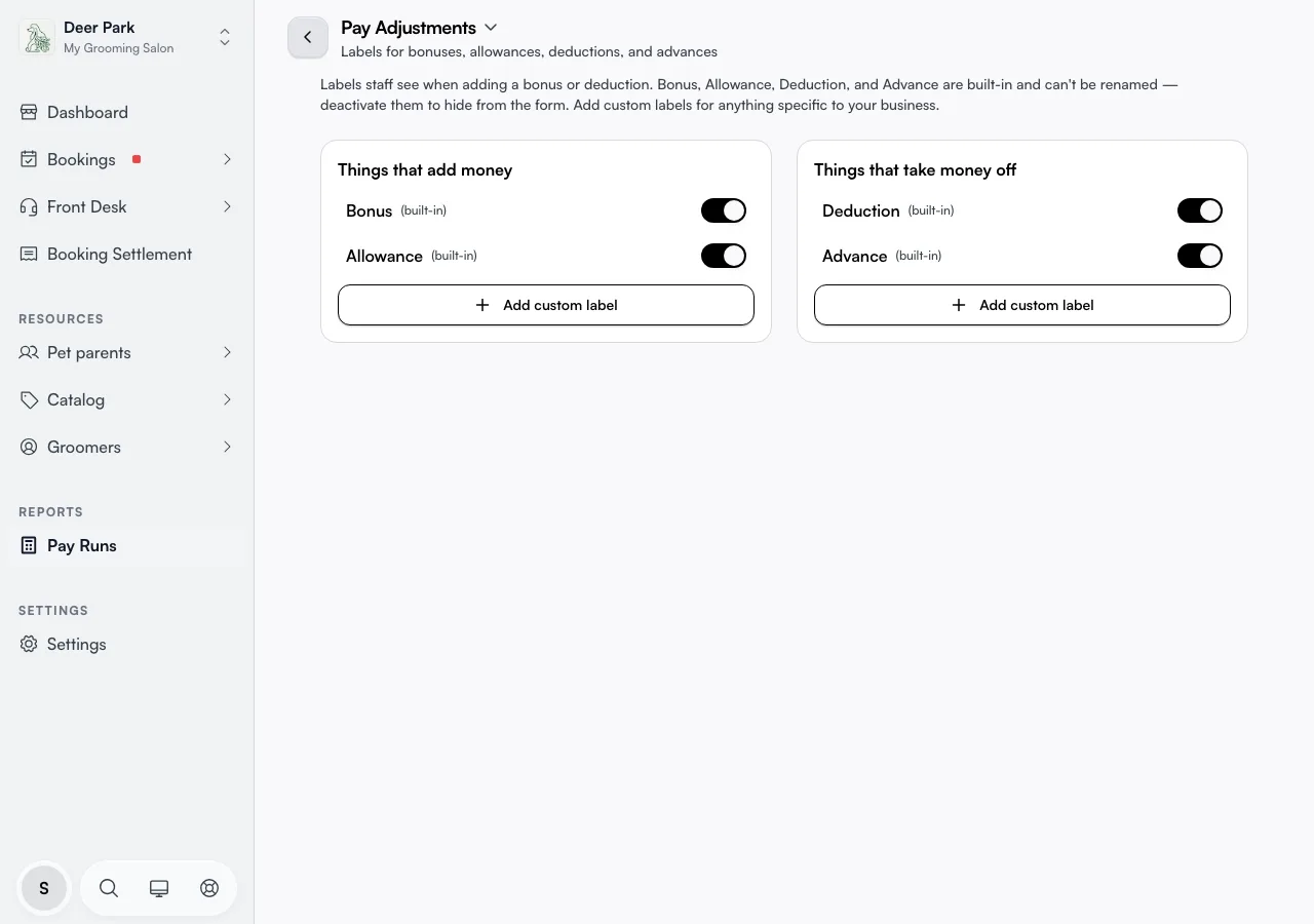 The Pay Adjustments page with built-in labels split into two columns