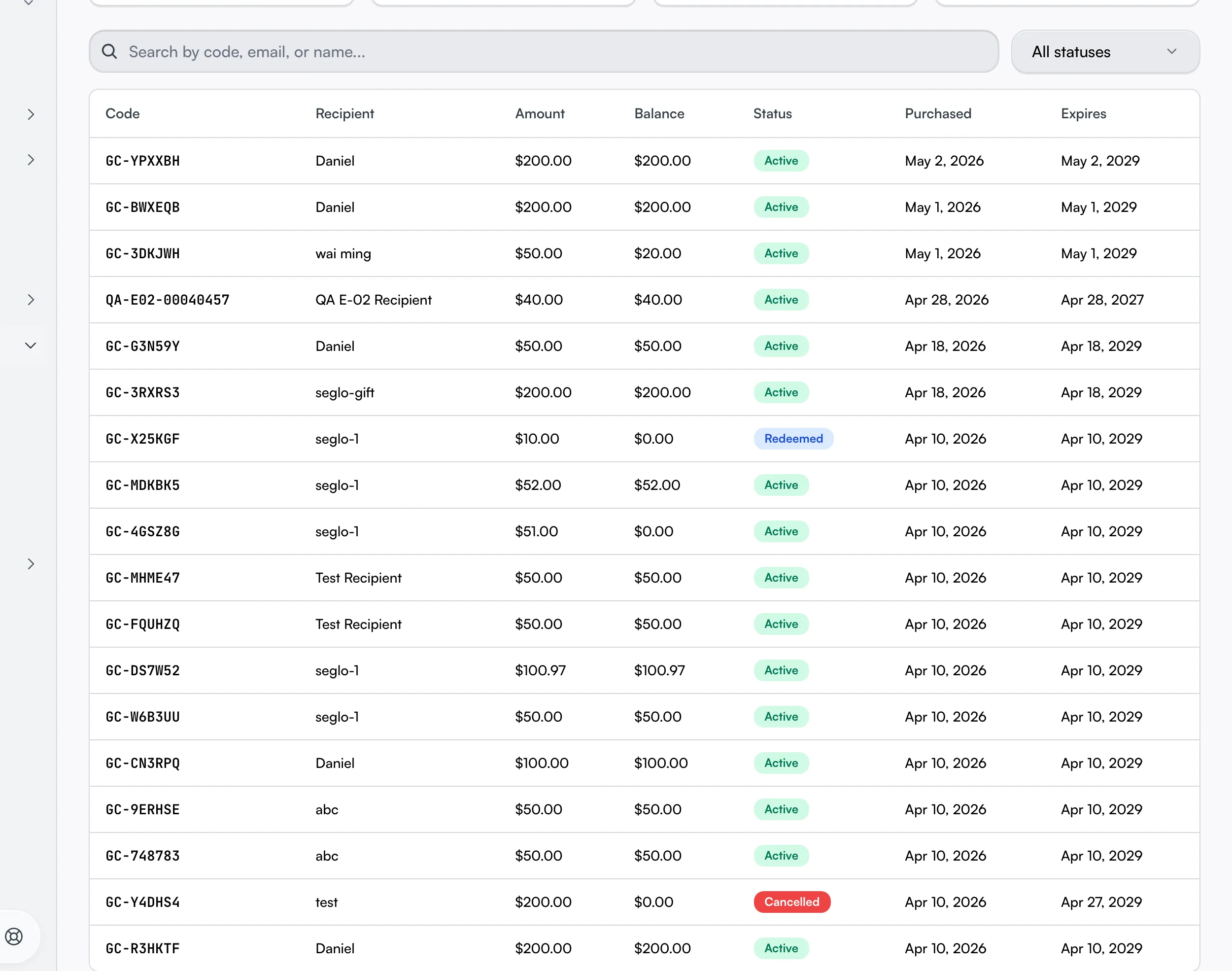 The gift card table with the search box and status filter above its columns