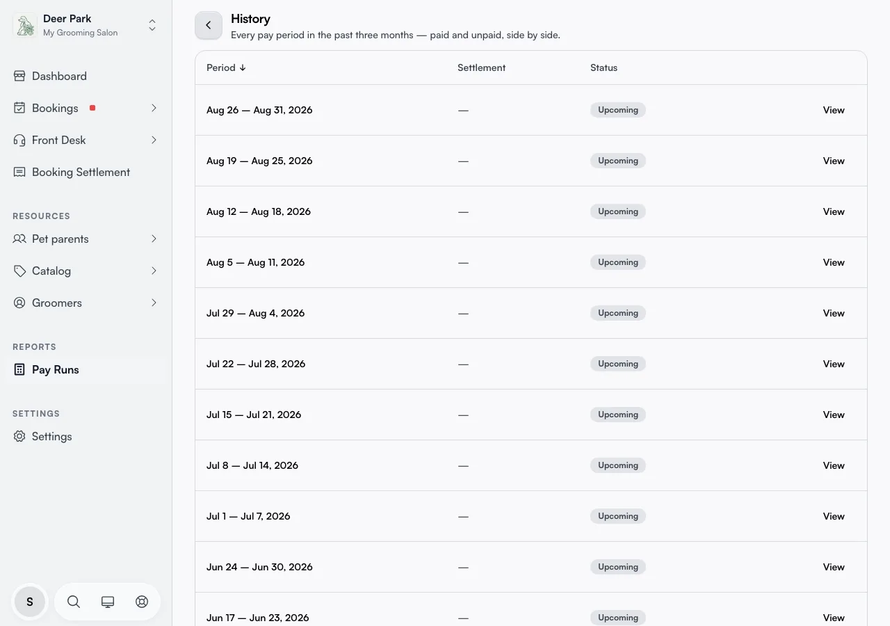 The Pay history table with period dates, settlement count, and status badges