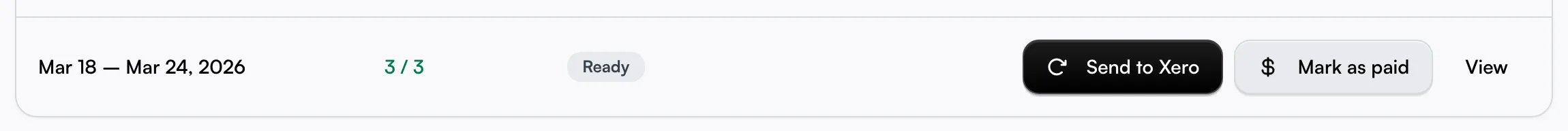 A pay history row showing the View button and a quick action