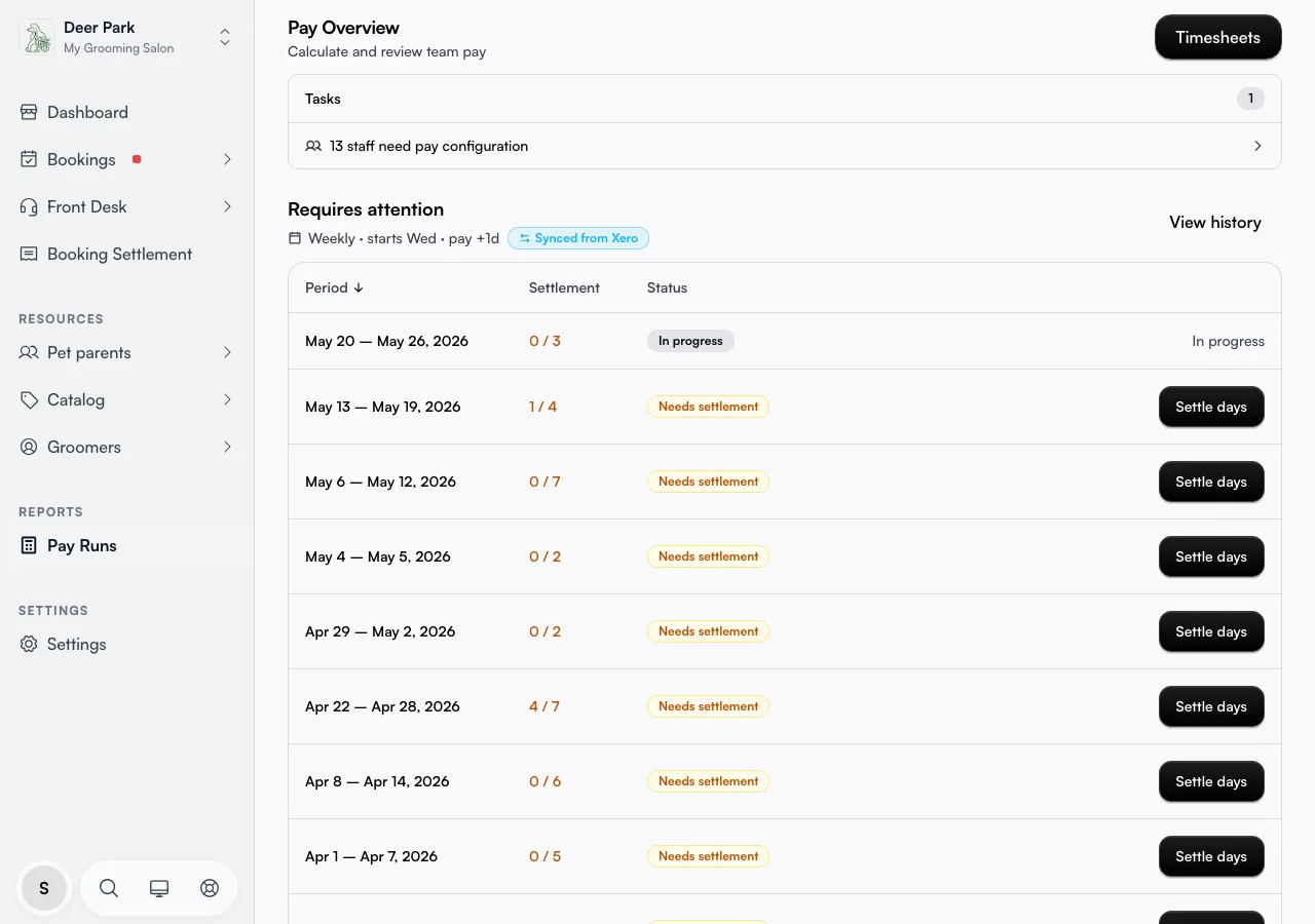 The Pay Overview page listing pay periods that need attention