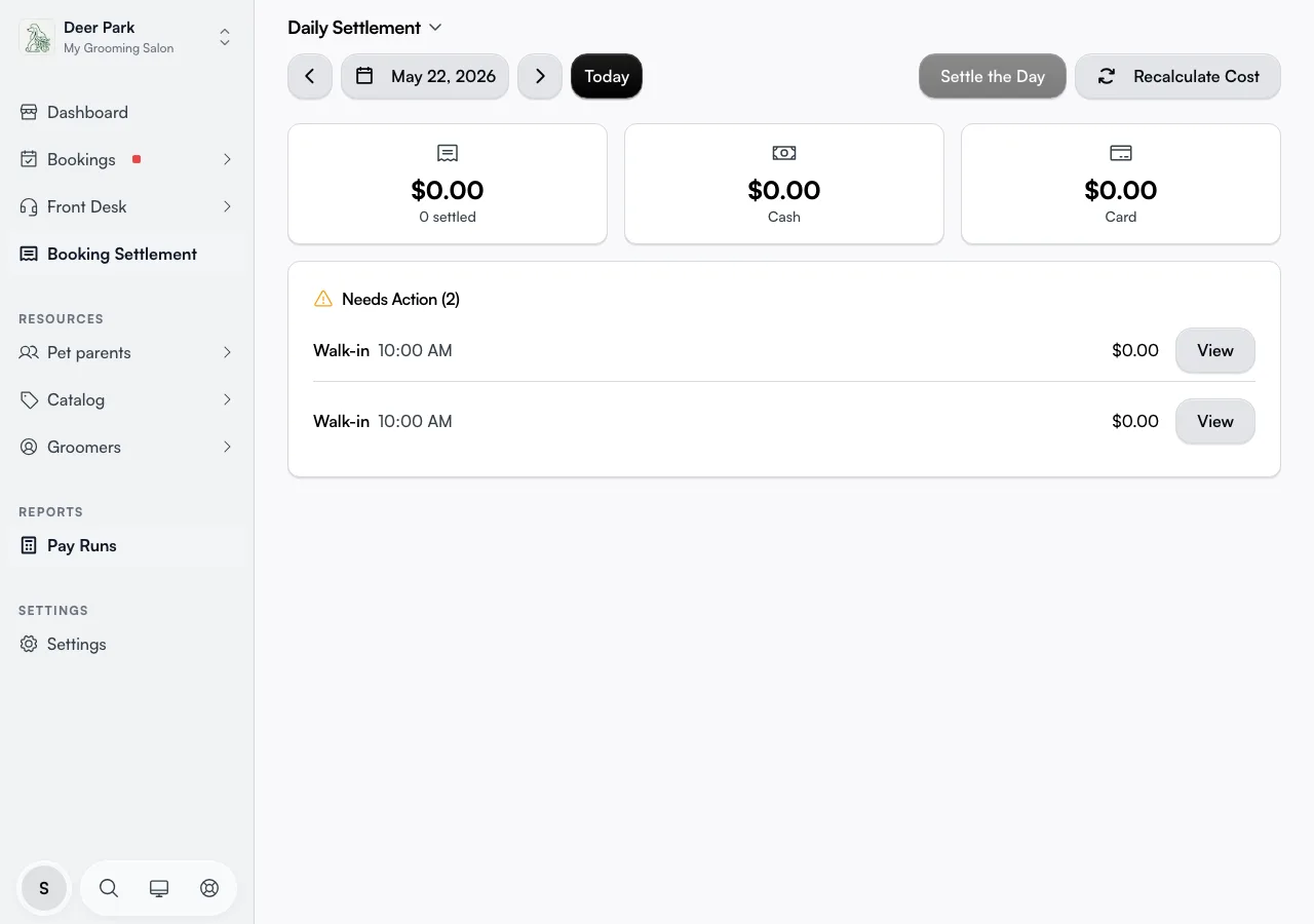 The Daily Settlement page with cash and card totals and a Needs Action list
