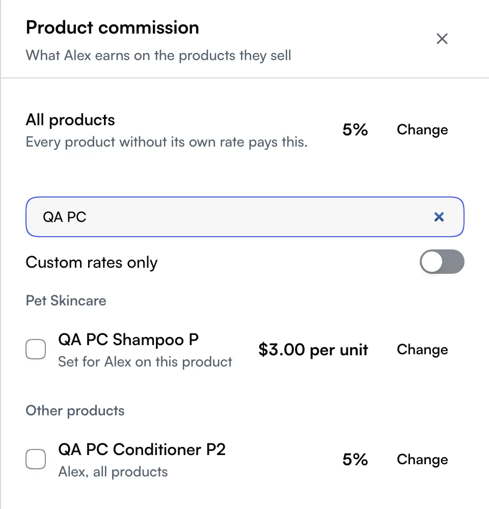 The Product commission drawer for Alex: 5% on all products, $3.00 per unit on one shampoo