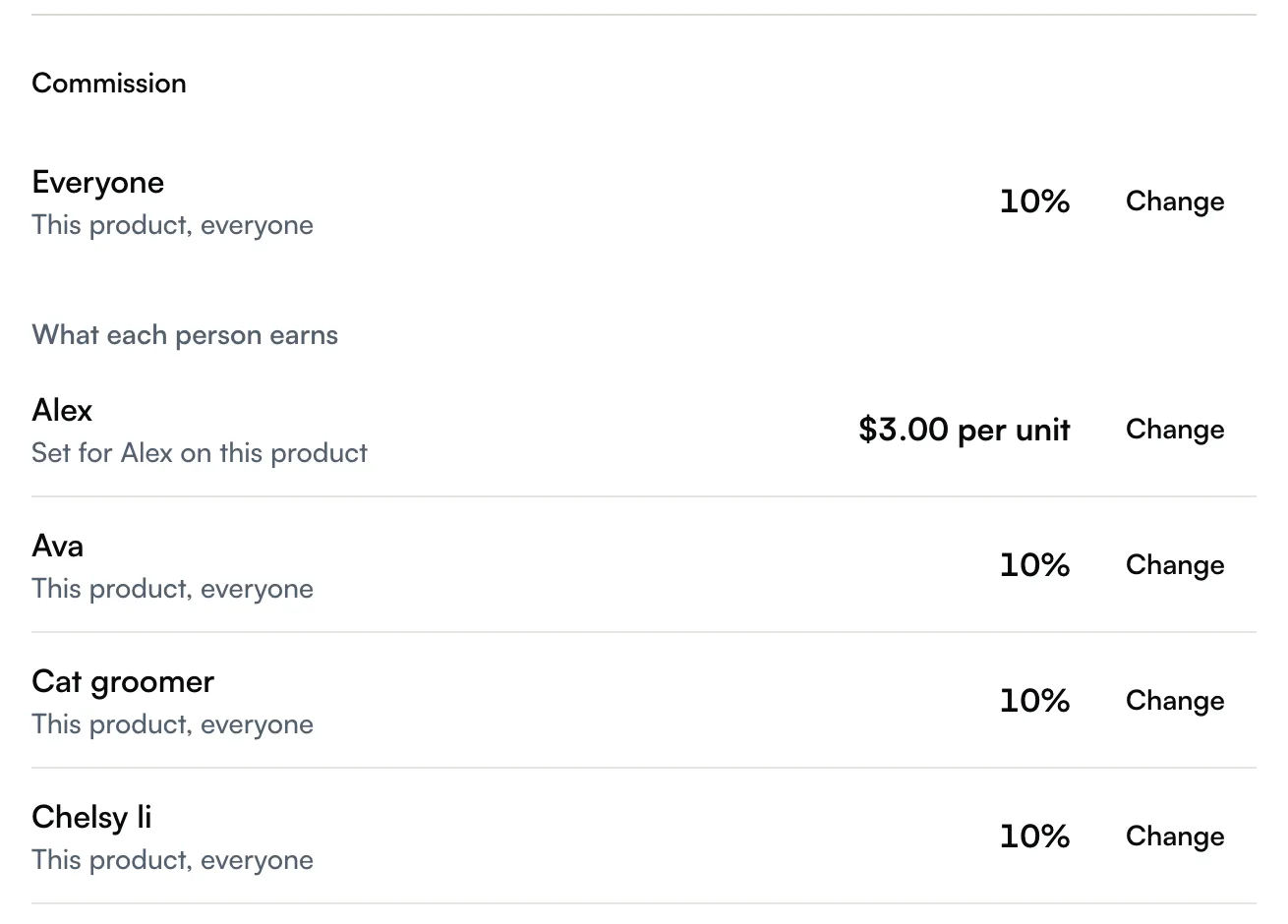 A product's Commission section: 10% for everyone, with Alex on his own $3.00 per unit