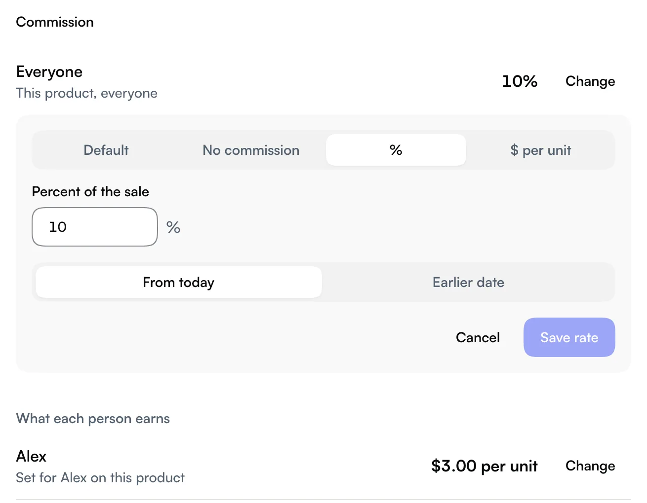 The rate editor with Default, No commission, % and $ per unit, and From today or Earlier date