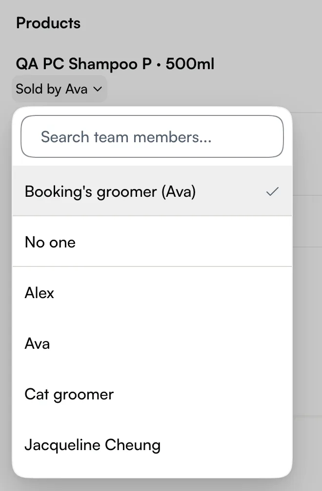 The seller picker with Booking's groomer, No one and the team list