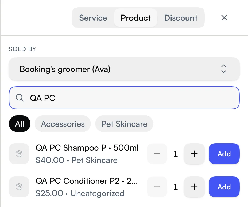 Add to bill on the Product tab with Sold by at the top