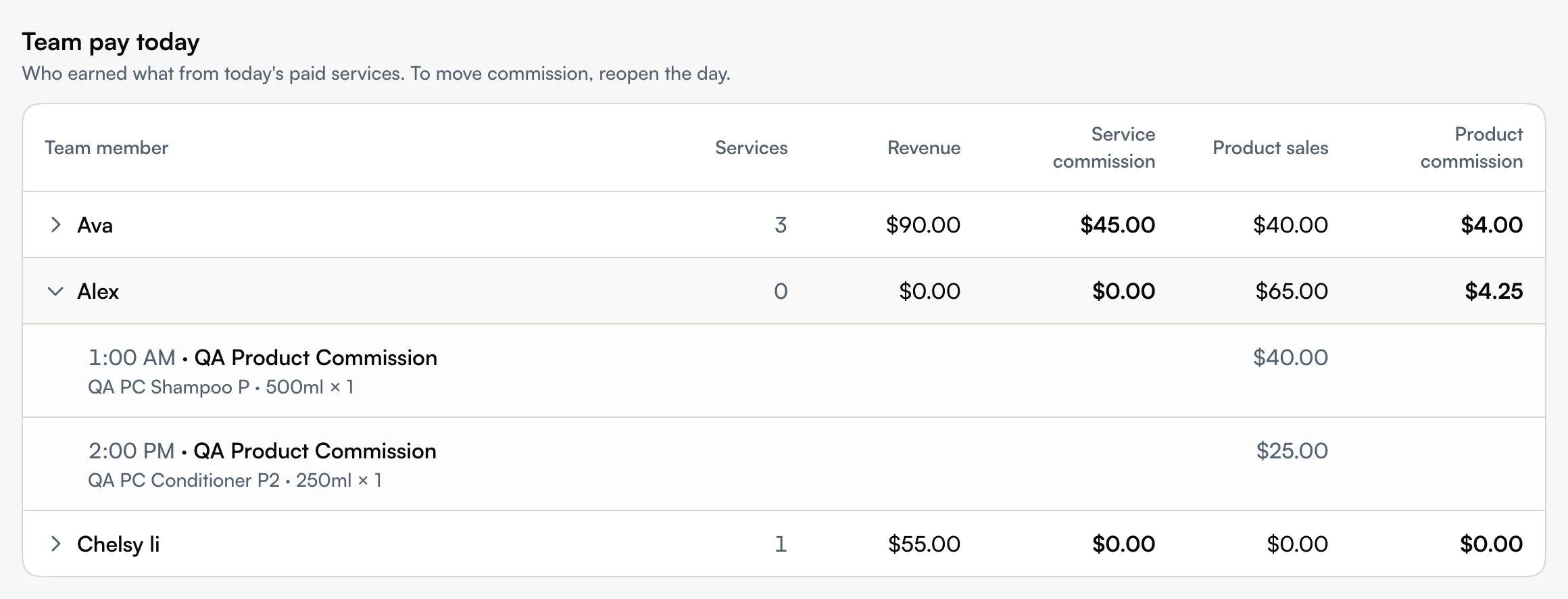 Team pay today with service and product commission in separate columns
