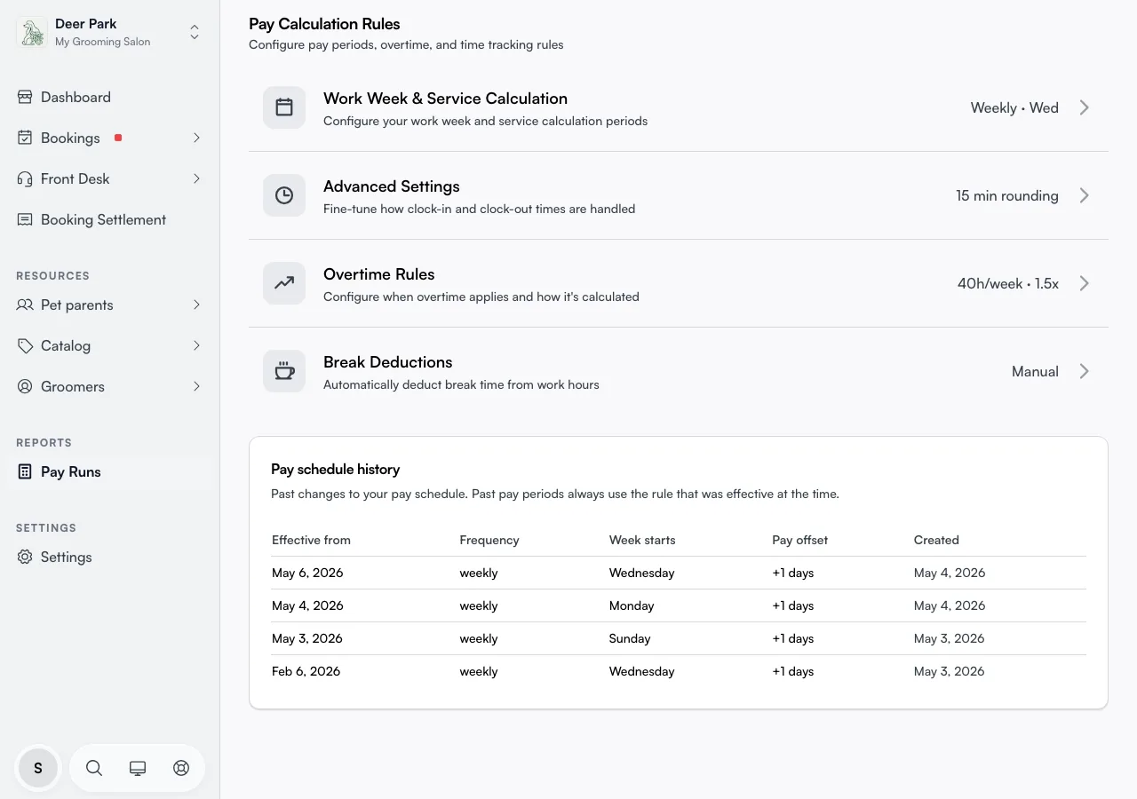 The Pay Calculation Rules page showing the Work Week and Service Calculation row
