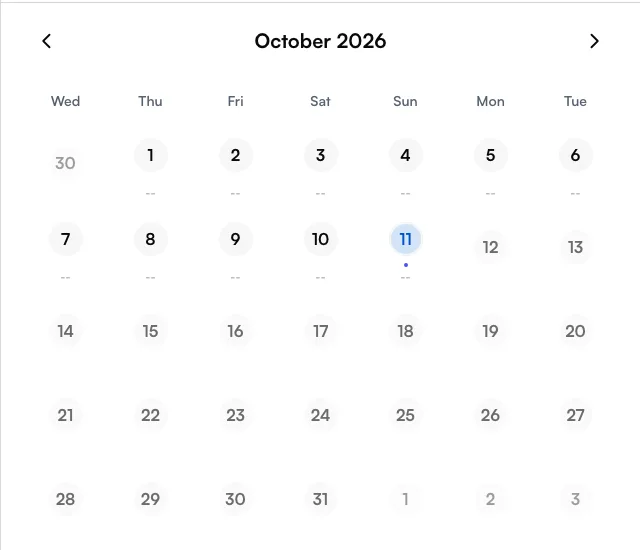 The Daily settlement calendar in the web app with weeks starting on Wednesday