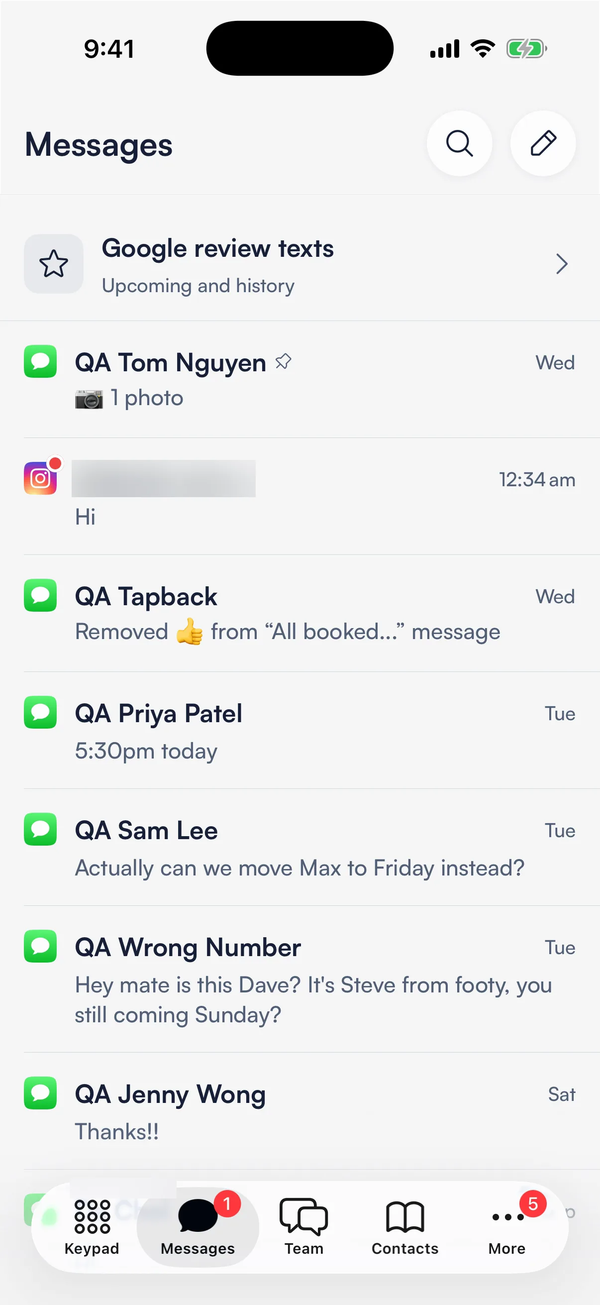 The Messages list with an Instagram conversation, its badge showing a red unread dot, next to SMS conversations