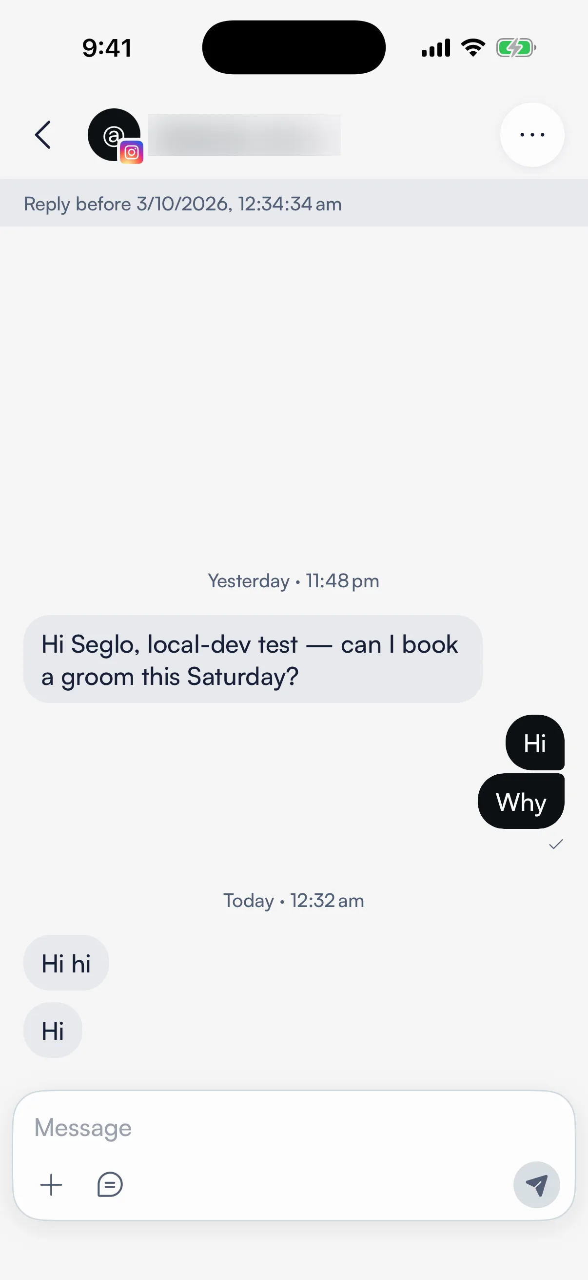 An Instagram conversation with the Reply before notice at the top