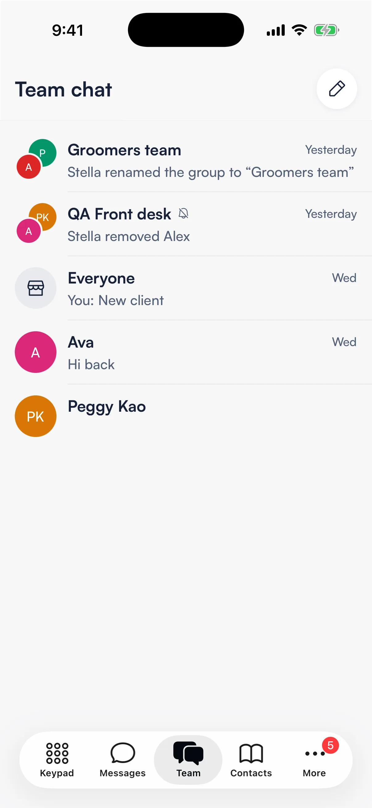 The Team chat list with two group chats, the Everyone chat and two 1:1 chats