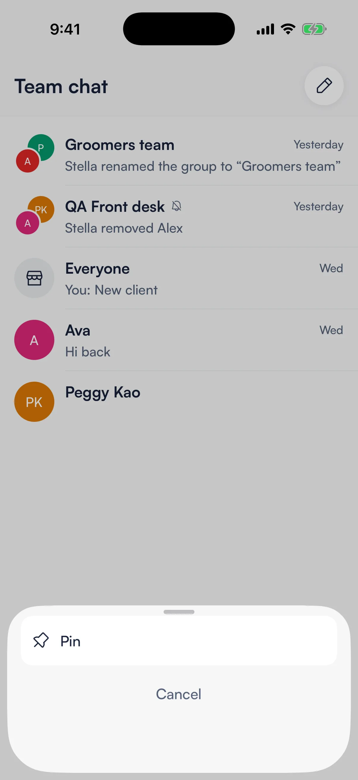 After a long-press on a team chat, the sheet offers Pin