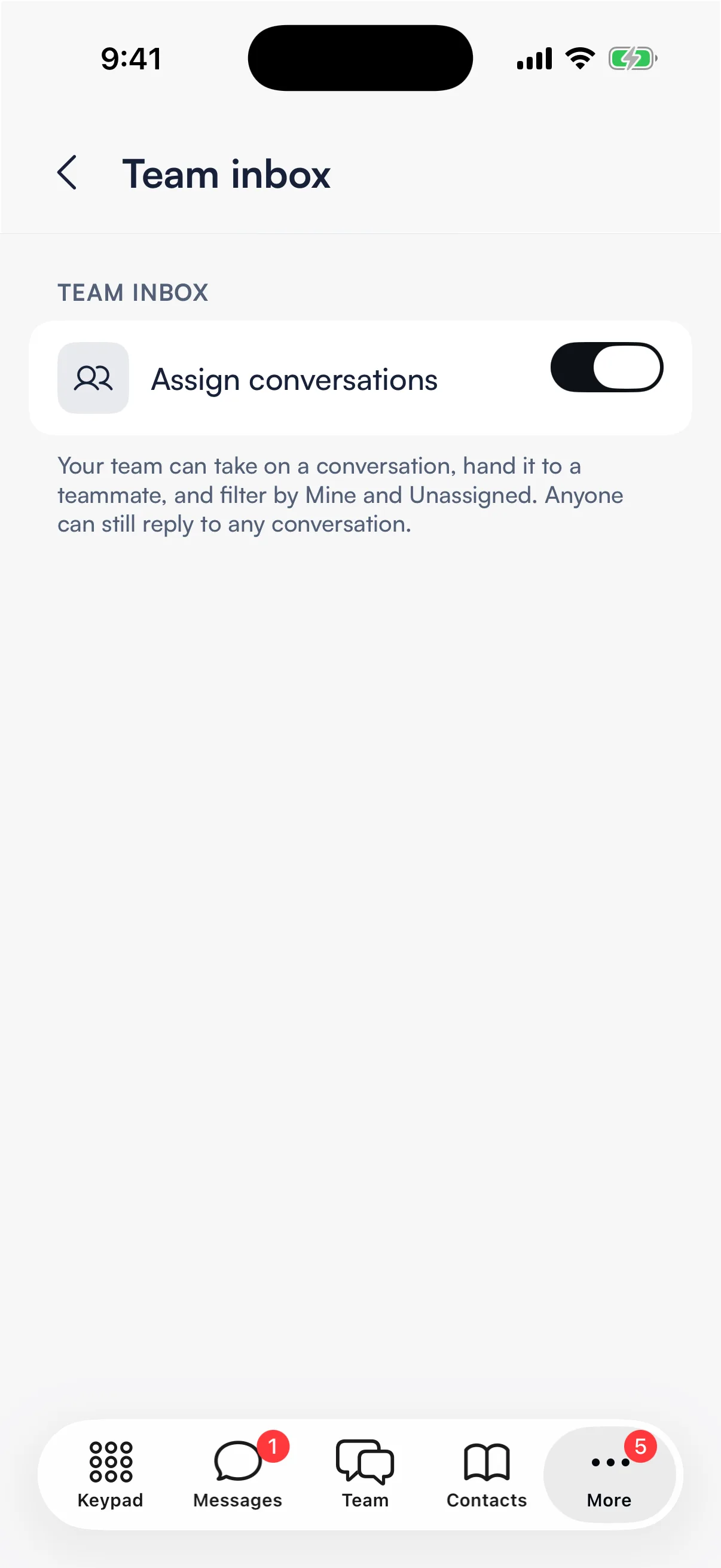 Team inbox in the Seglo Phone app, with the Assign conversations switch turned on