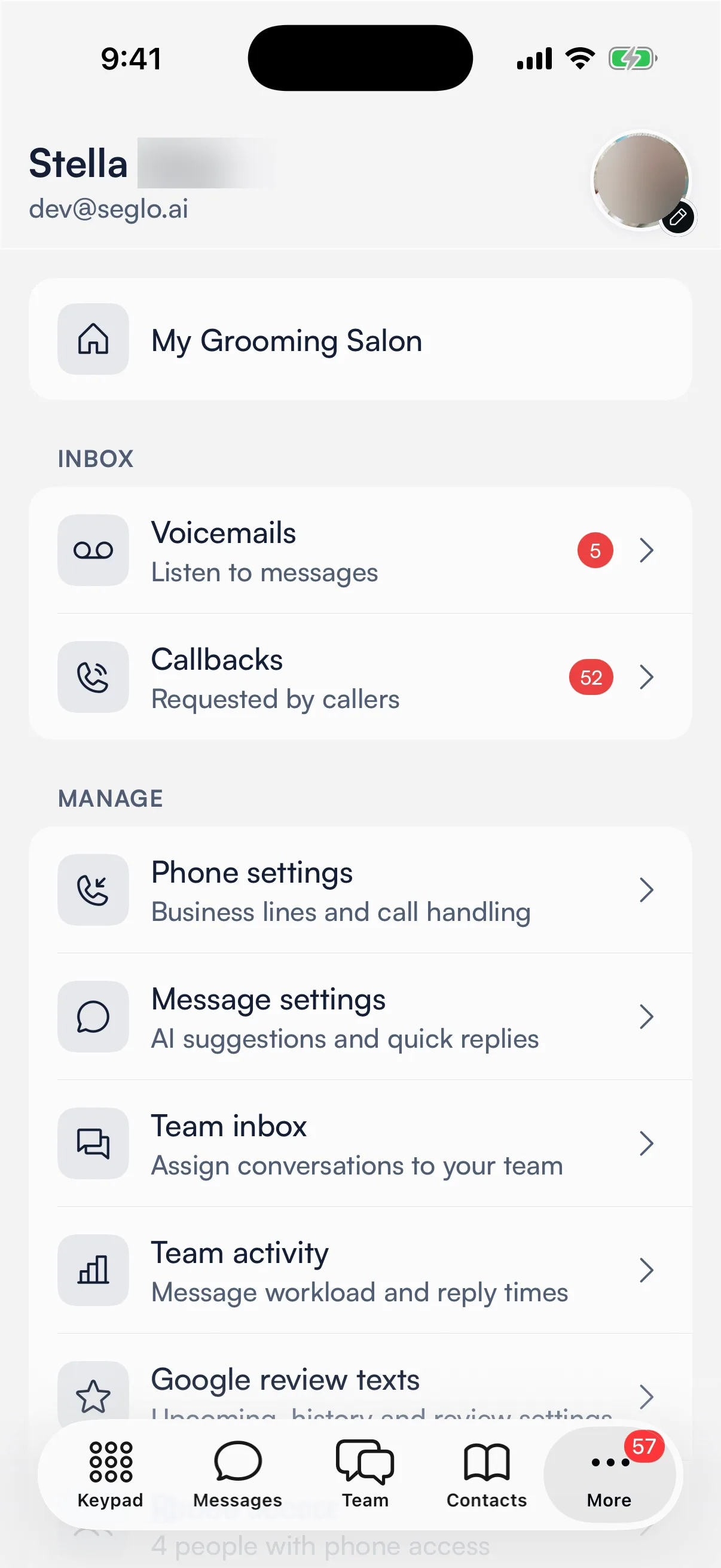 The More tab with the red count on the Callbacks row