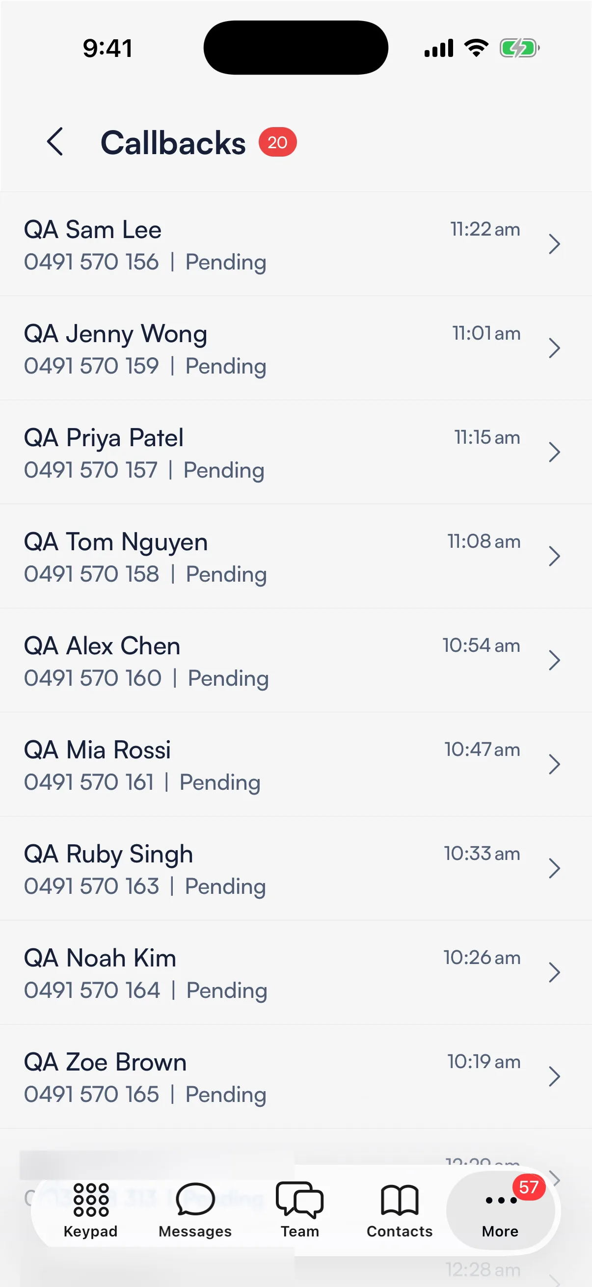 The Callbacks list in the Phone app, one row per caller with their number and Pending status