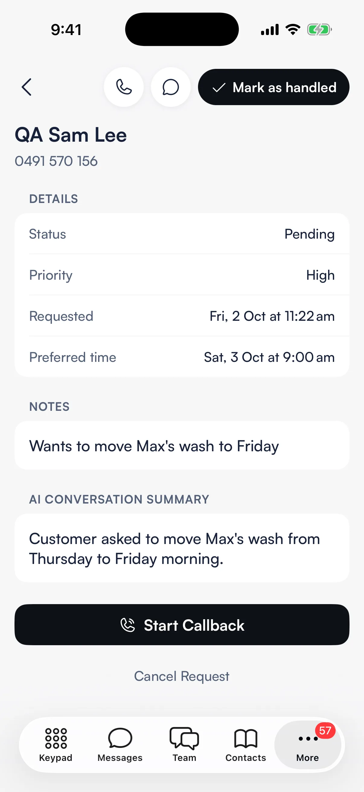 A callback's details, with Mark as handled at the top right and Start Callback below the AI conversation summary