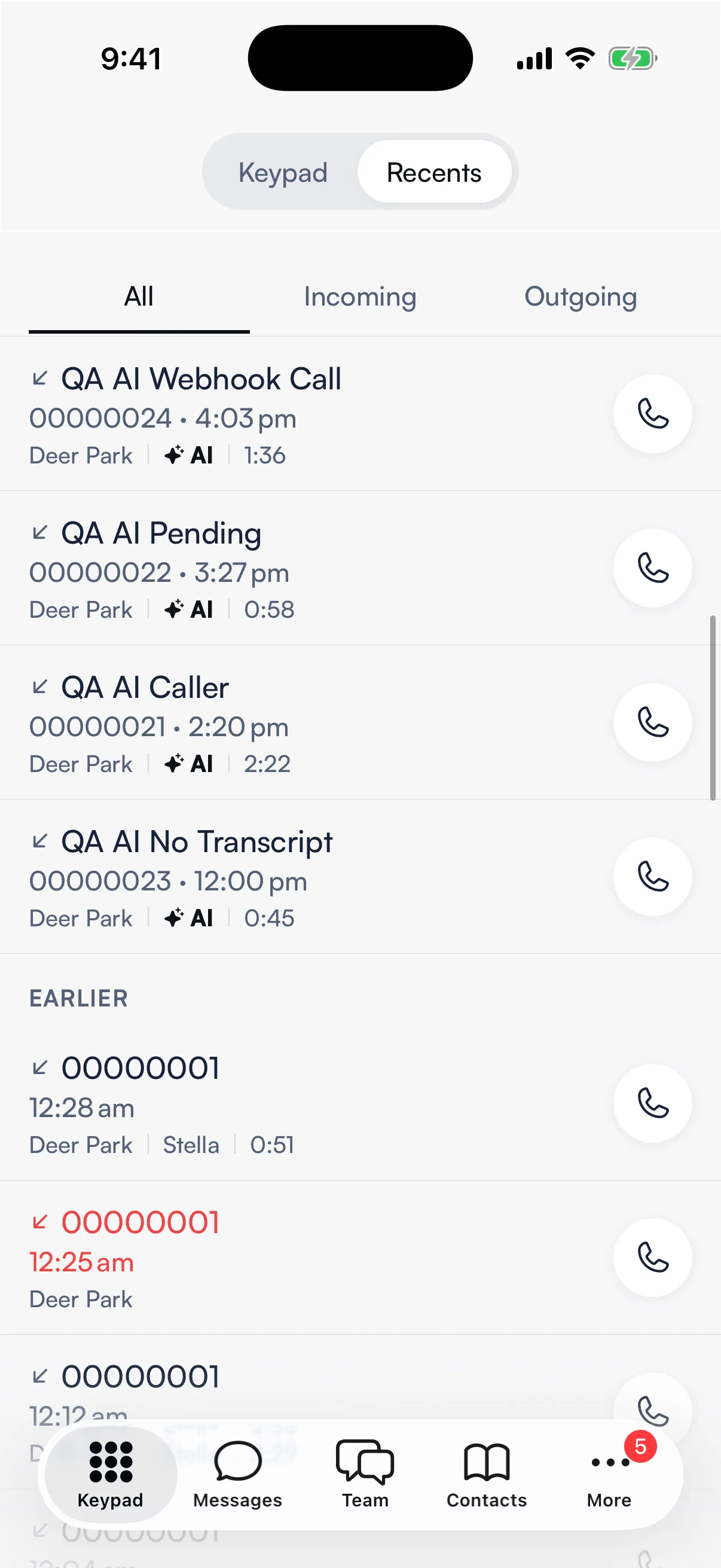 Recents with the AI mark on calls the AI receptionist answered