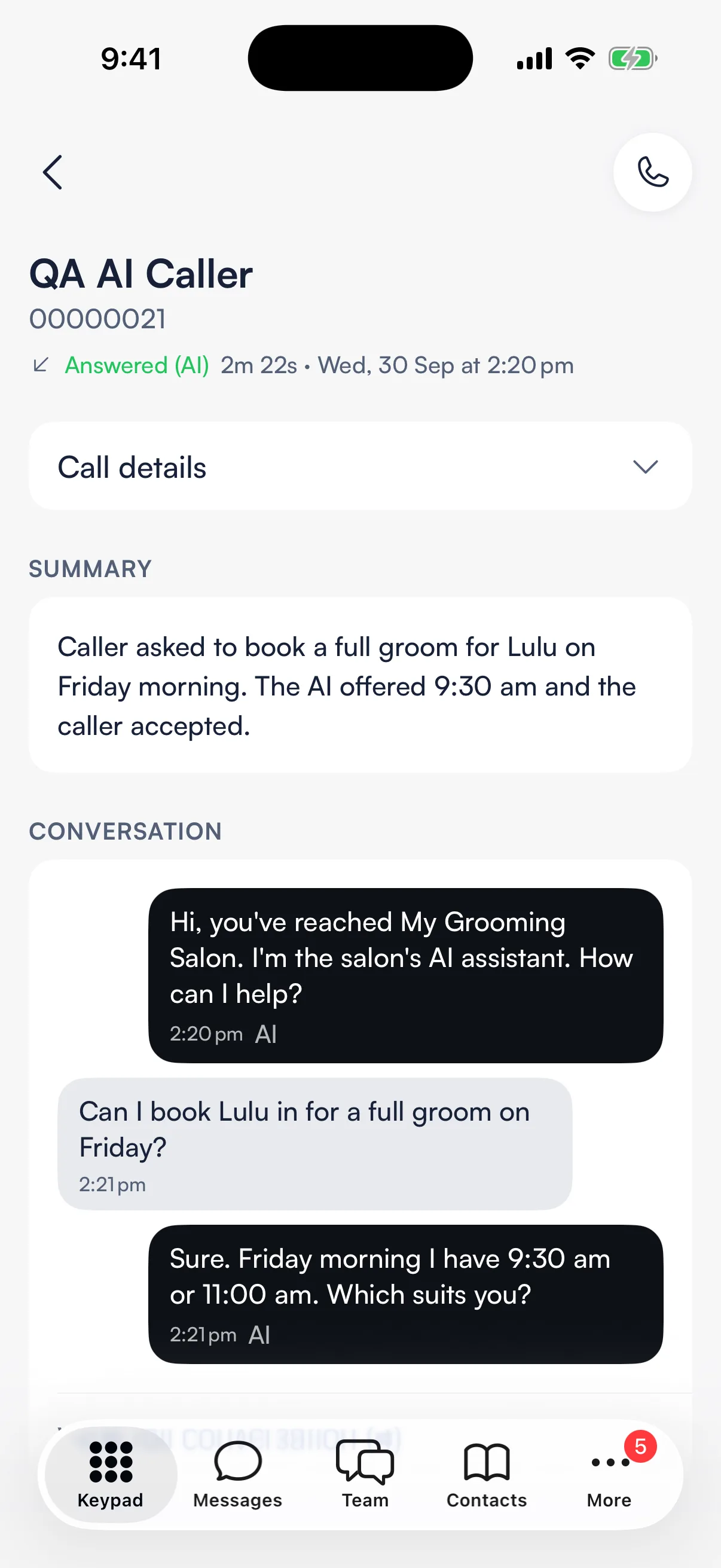 An AI-answered call: who called, Call details, the Summary and the start of the conversation