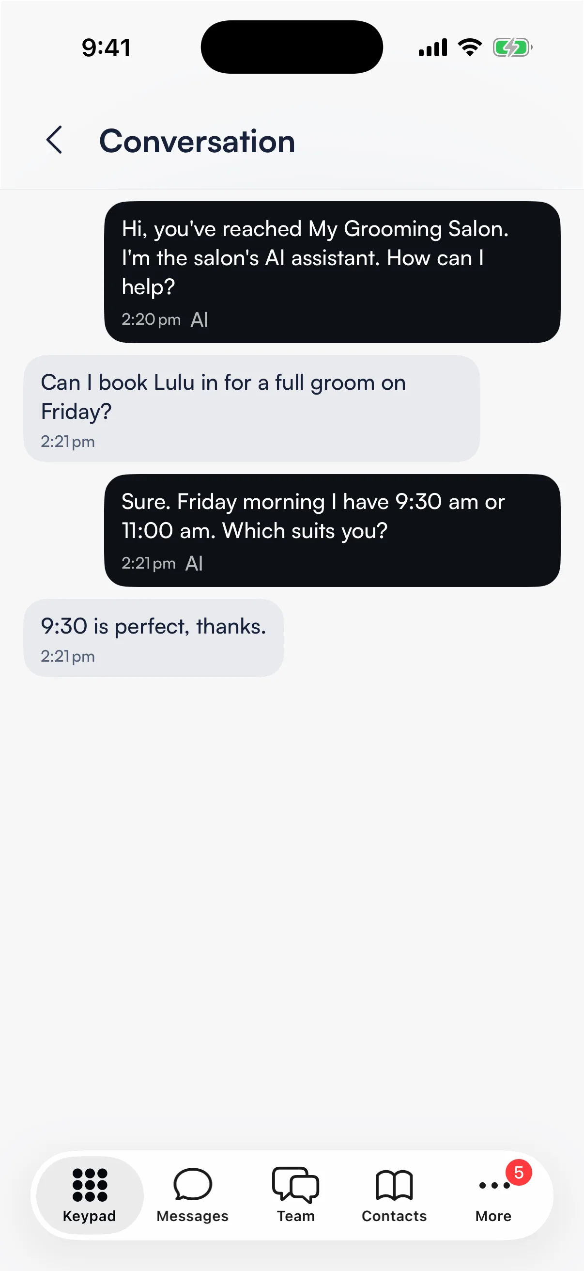 View full conversation opens the whole call, line by line