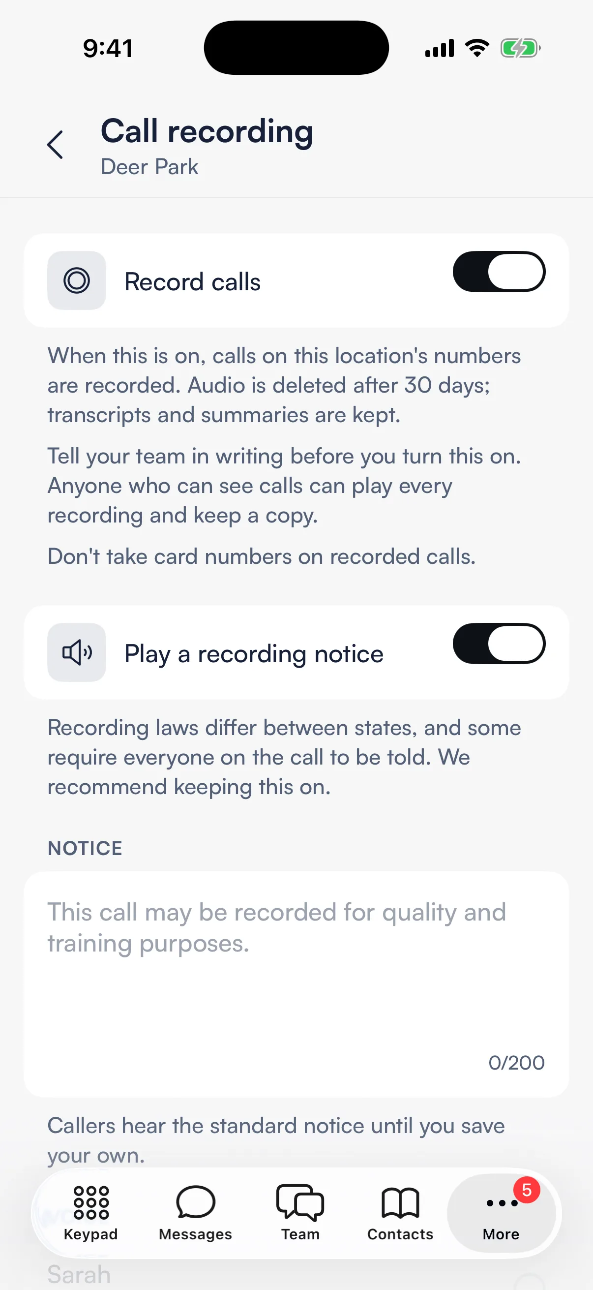 Call recording for the Deer Park shop, with Record calls and Play a recording notice both on