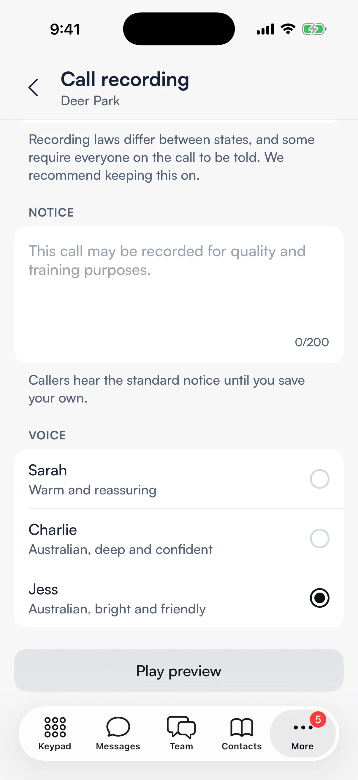 Further down: the notice text box, the voice choice and Play preview