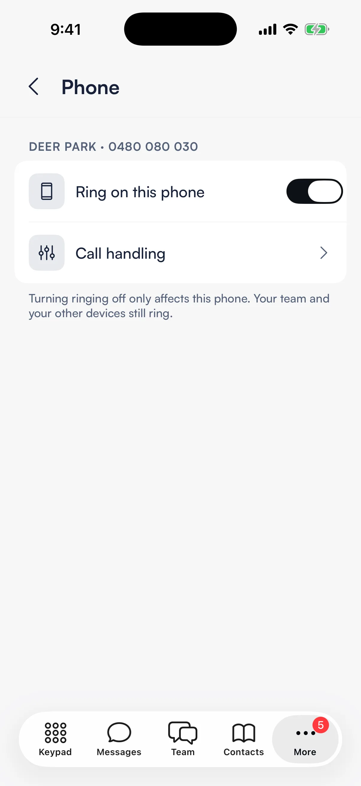 Phone settings for the Deer Park shop: Ring on this phone and Call handling