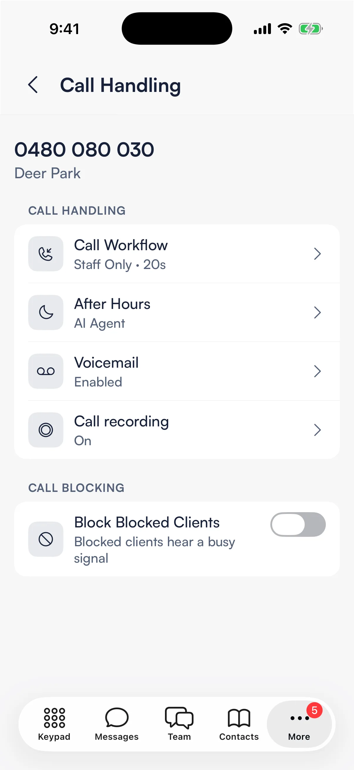 Call Handling for one shop: Call Workflow, After Hours, Voicemail and Call recording, then Call Blocking