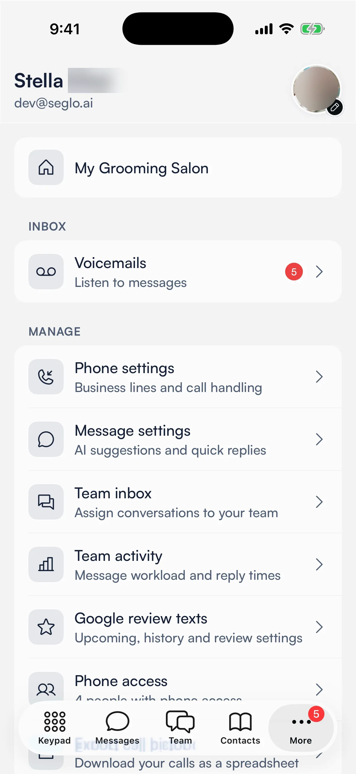The More tab, with your name, email and photo at the top