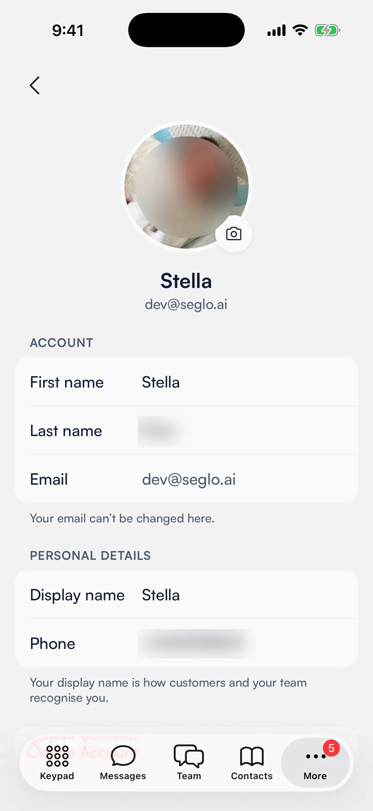 Your profile in the Phone app: your photo with the camera button, then Account and Personal details