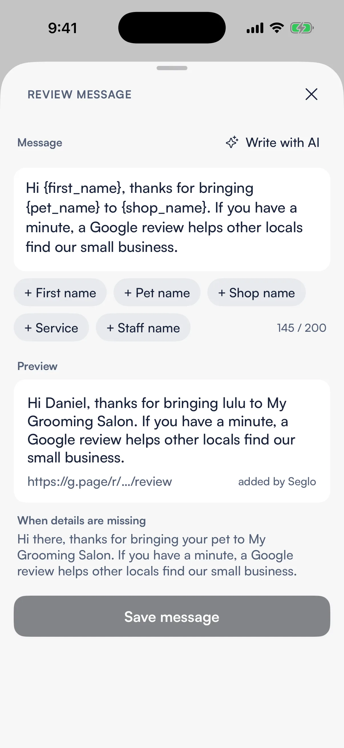 The Review message sheet with the detail buttons, Write with AI and a preview