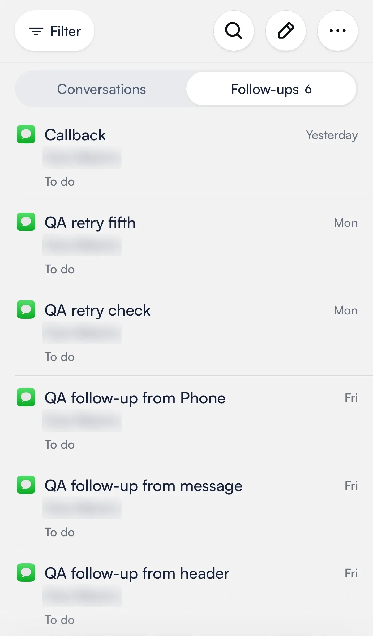 The Seglo Phone Inbox switched to Follow-ups, listing each follow-up's next step, client and To do state